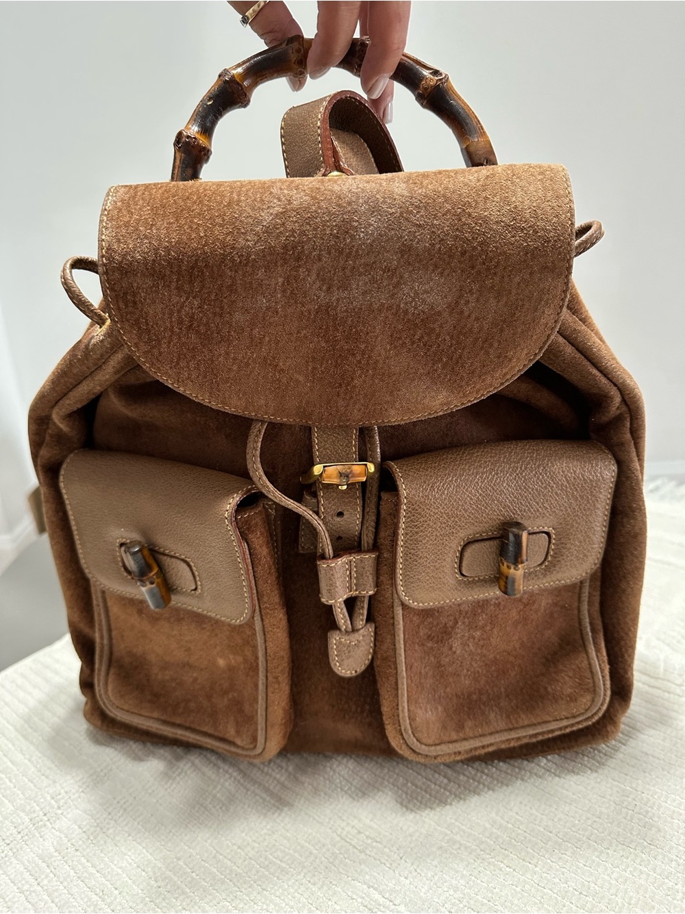 Gucci Brown Suede & Leather Backpack with Bamboo Handle